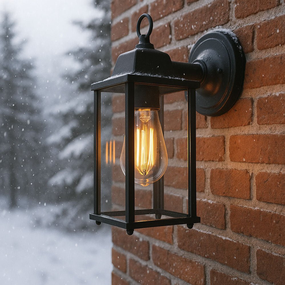 CERES | Outdoor Down Box Glass Wall Porch Lantern Light | LED Vintage 6W E27 | IP23 | Black | 2000K Warm White - LightHub Direct