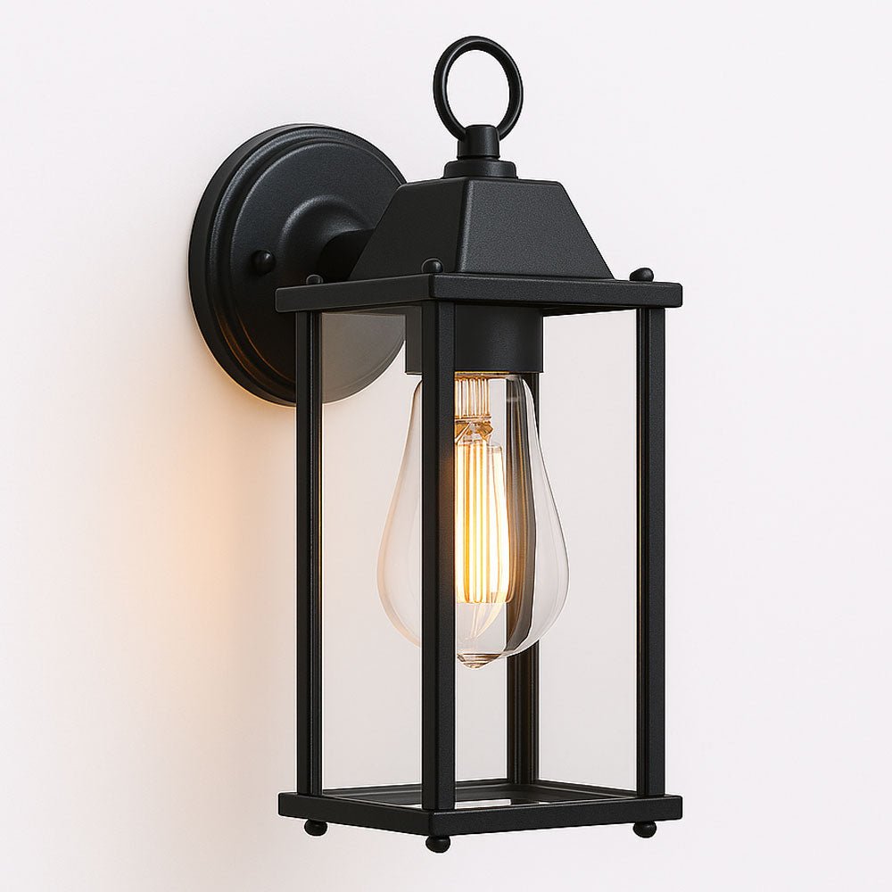 CERES | Outdoor Down Box Glass Wall Porch Lantern Light | LED Vintage 6W E27 | IP23 | Black | 2000K Warm White - LightHub Direct