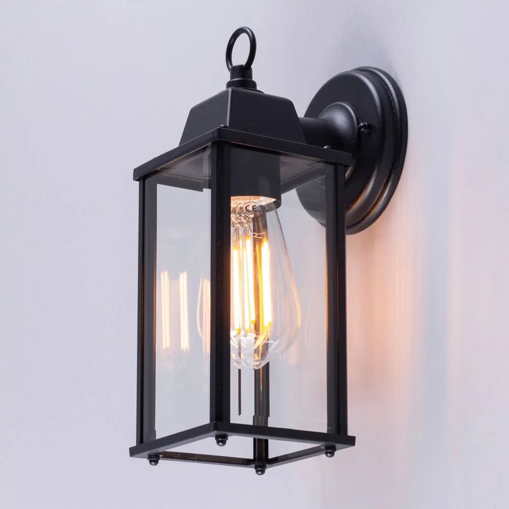 CERES | Outdoor Down Box Glass Wall Porch Lantern Light | LED 6W E27 | IP23 | Black | 3000K Warm White - LightHub Direct