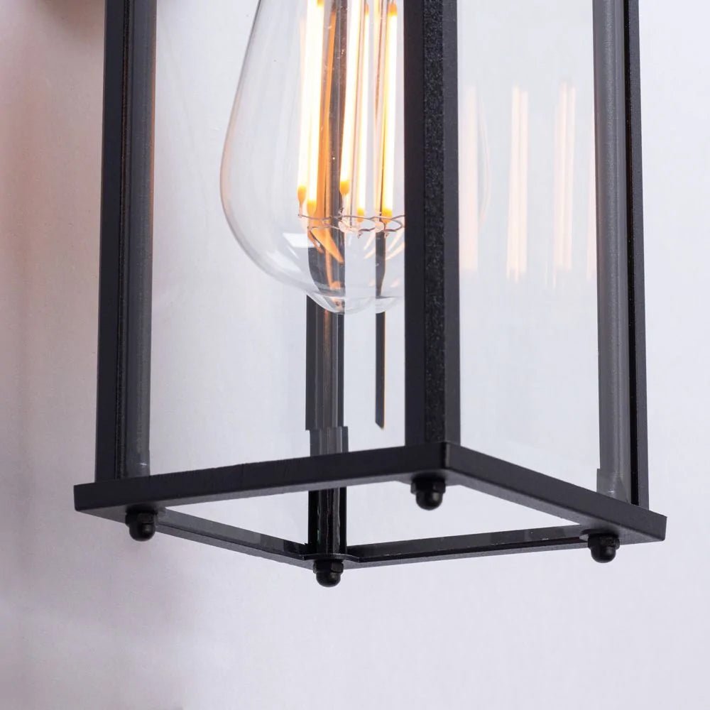 CERES | Outdoor Down Box Glass Wall Porch Lantern Light | LED Vintage 6W E27 | IP23 | Black | 2000K Warm White - LightHub Direct