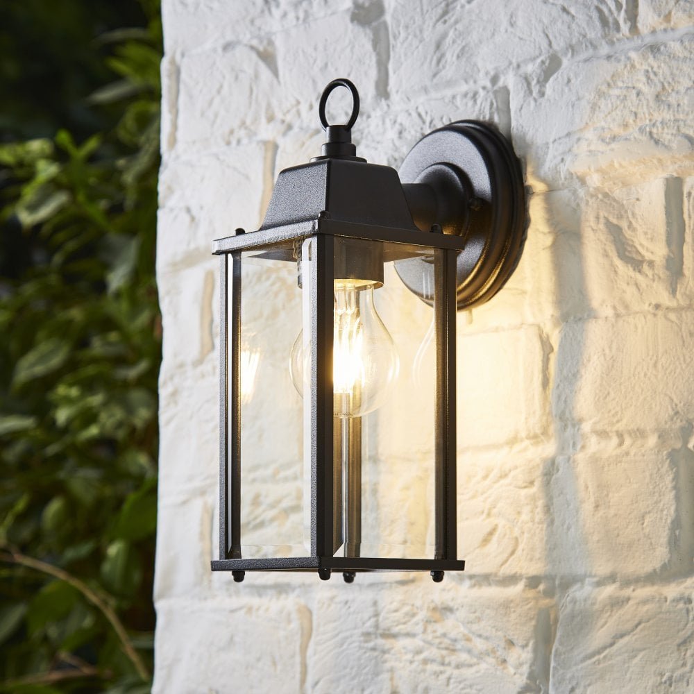 CERES | Outdoor Down Box Glass Wall Porch Lantern Light | LED Vintage 6W E27 | IP23 | Black | 2000K Warm White - LightHub Direct