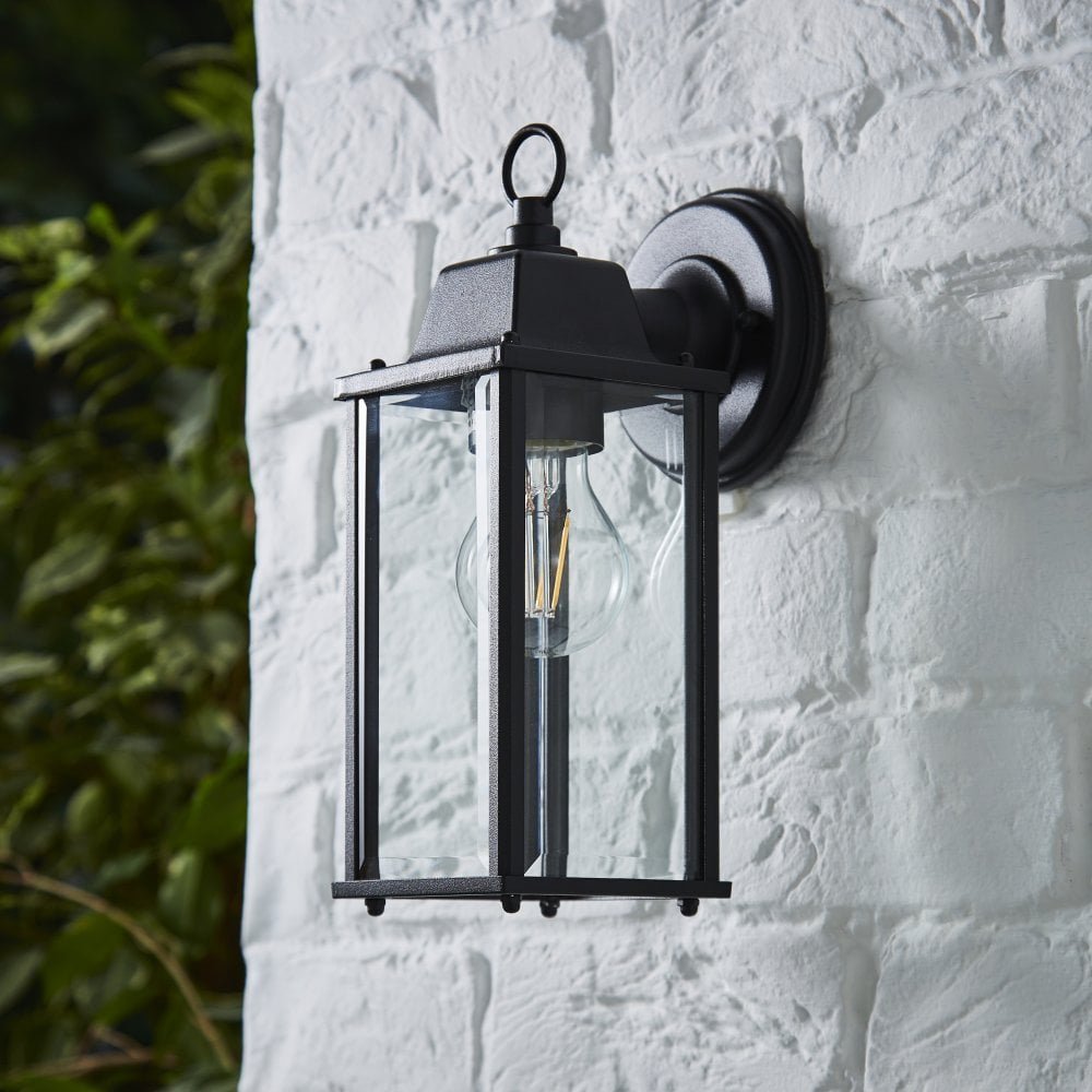 CERES | Outdoor Down Box Glass Wall Porch Lantern Light | LED Vintage 6W E27 | IP23 | Black | 2000K Warm White - LightHub Direct