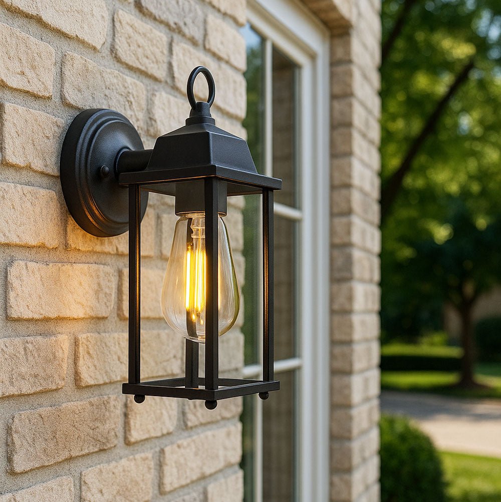 CERES | Outdoor Down Box Glass Wall Porch Lantern Light | LED Vintage 6W E27 | IP23 | Black | 2000K Warm White - LightHub Direct