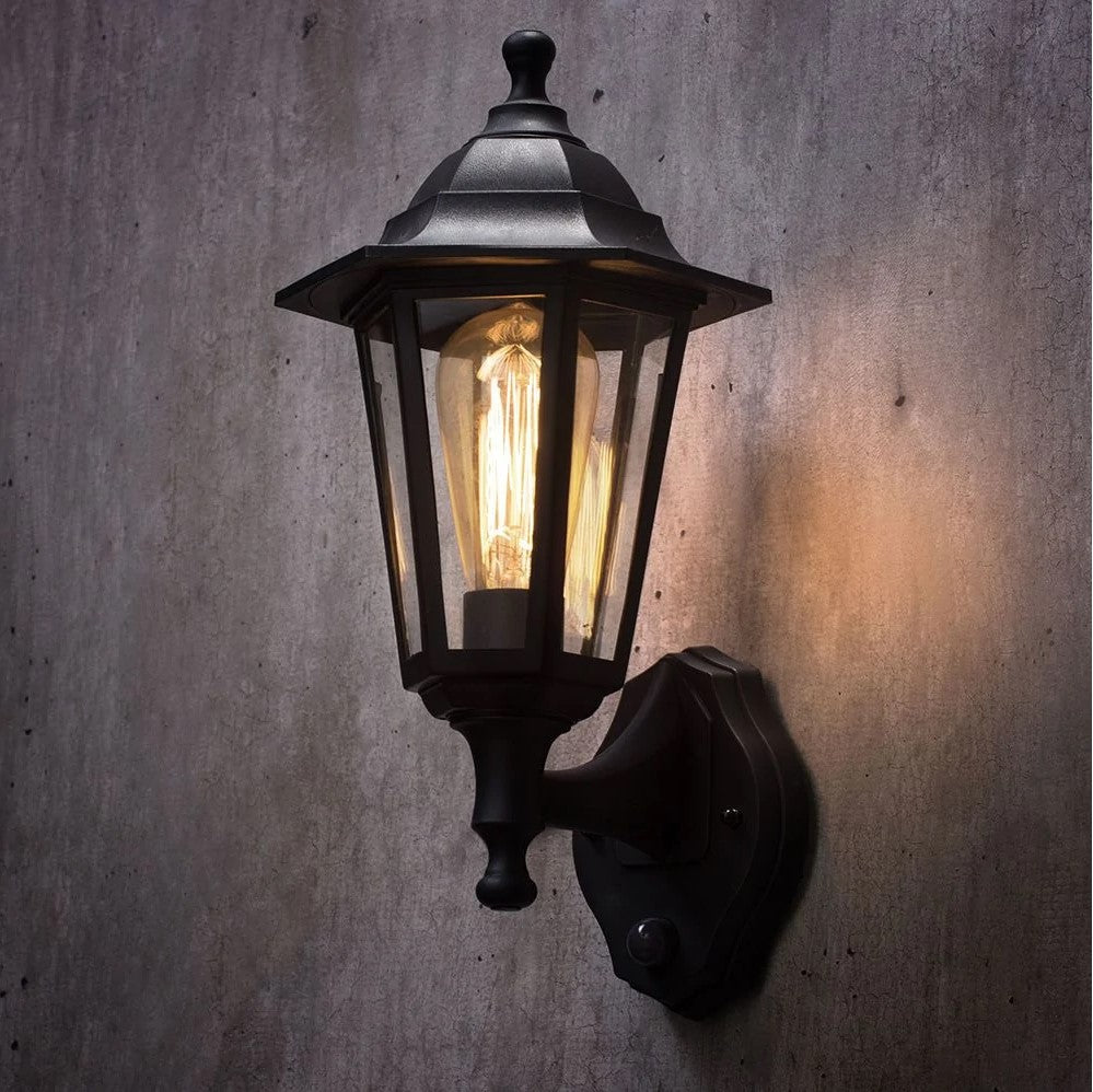 Up or Down Outdoor Wall Porch Lantern Light | LED E27 2700K | IP44 | Black | PIR Motion Sensor