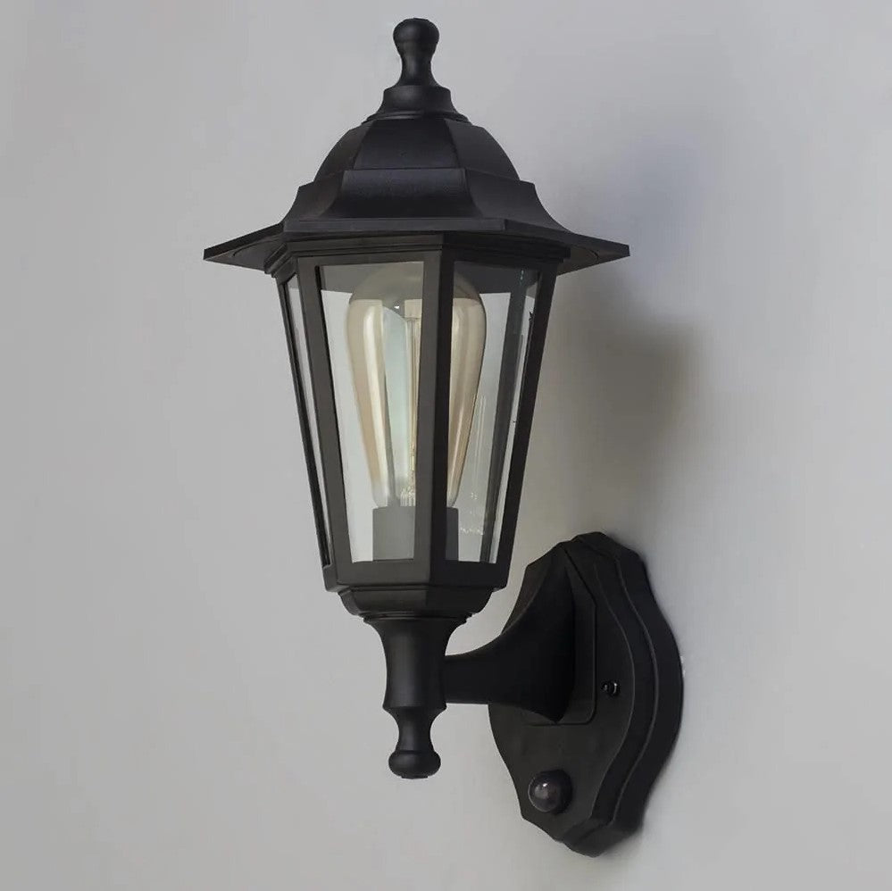 Up or Down Outdoor Wall Porch Lantern Light | LED E27 2700K | IP44 | Black | PIR Motion Sensor