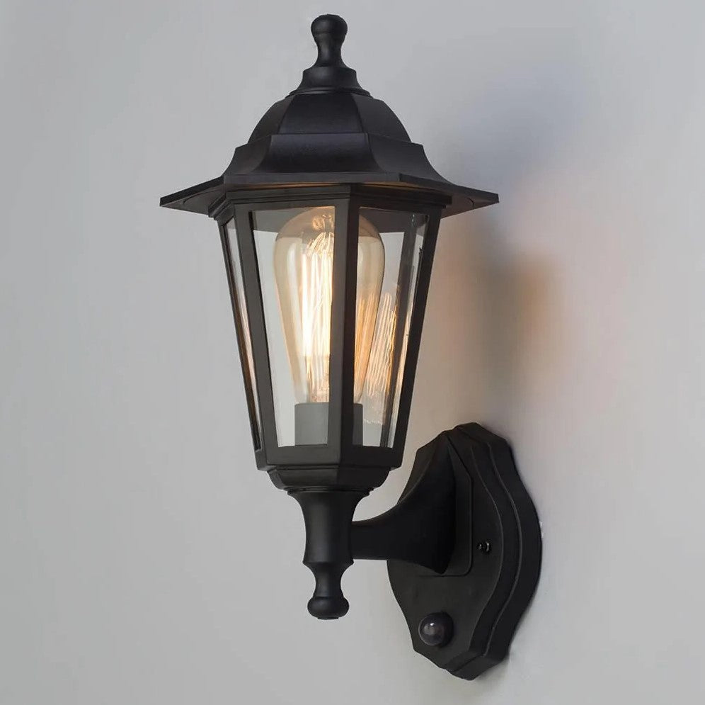 Up or Down Outdoor Wall Porch Lantern Light | LED E27 2700K | IP44 | Black | PIR Motion Sensor