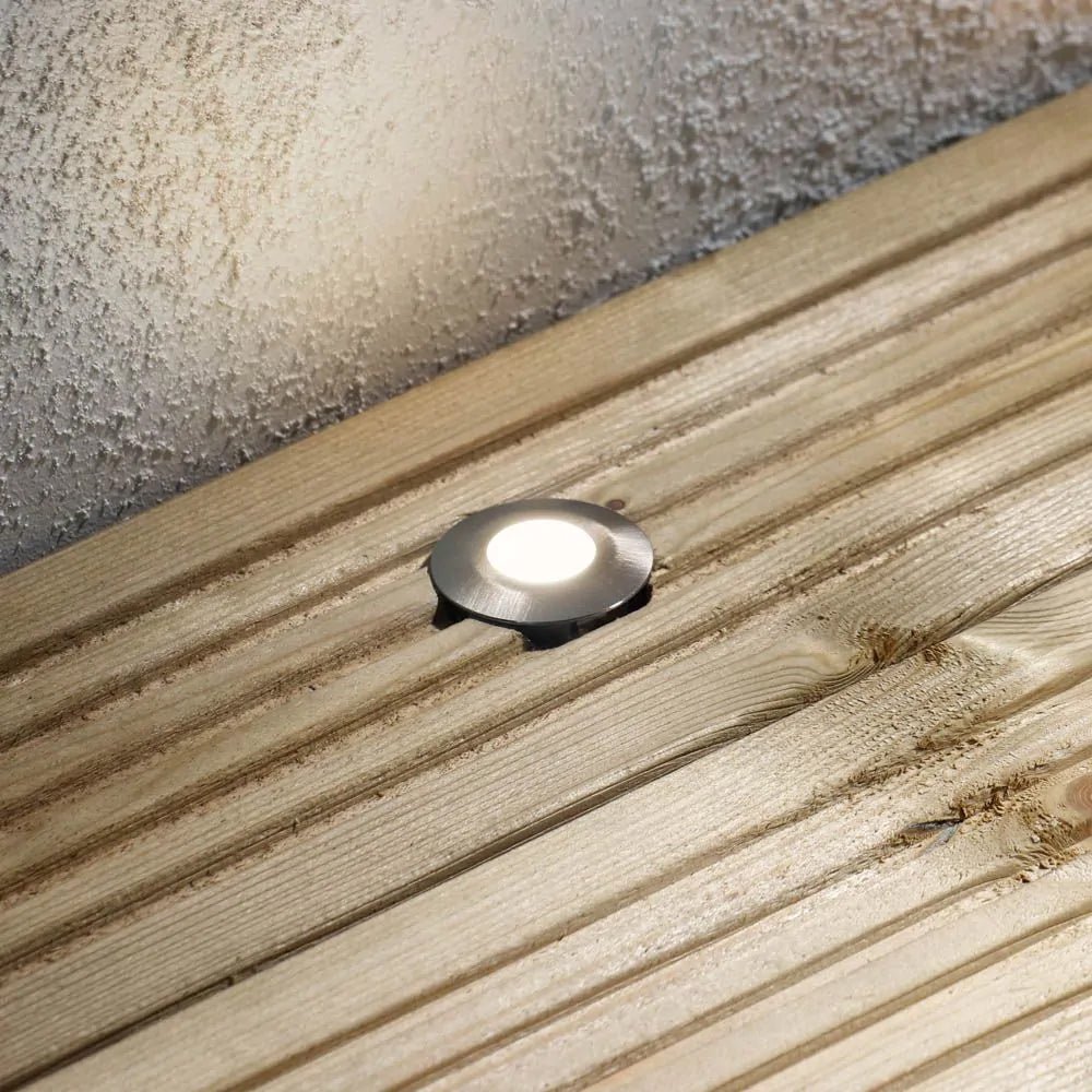 OHIO | Outdoor Recessed Circular Deck Light | LED 0.5W | IP65 | 3000K Warm White | Brushed Steel - LightHub Direct