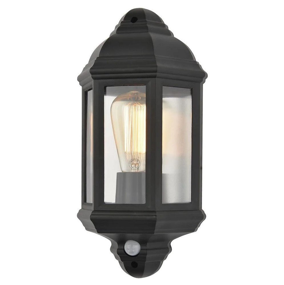 Outdoor Wall Porch Half Coach Lantern Light | E27 | IP44 | Black | PIR Motion Sensor - LightHub Direct