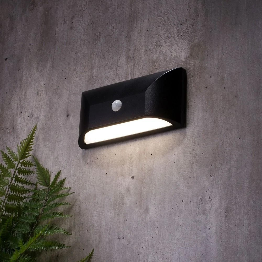 POOLE | Outdoor Curved Down Wall Light PIR Fitting | 5W LED | 4000K Neutral White | IP55 | Black | Motion Sensor - LightHub Direct