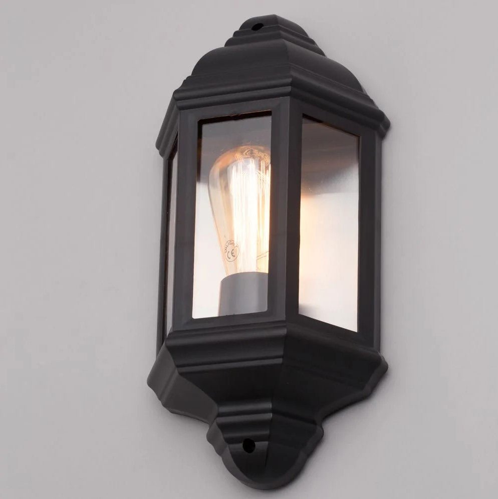 Outdoor Wall Porch Half Coach Lantern Light | E27 | IP44 | Black - LightHub Direct
