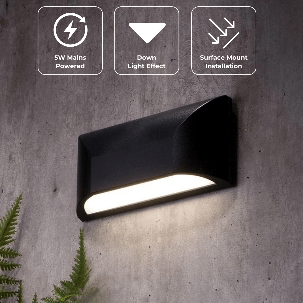 POOLE | Outdoor Curved Down Wall Light Fitting | 5W LED | 4000K Neutral White | IP55 | Black - LightHub Direct