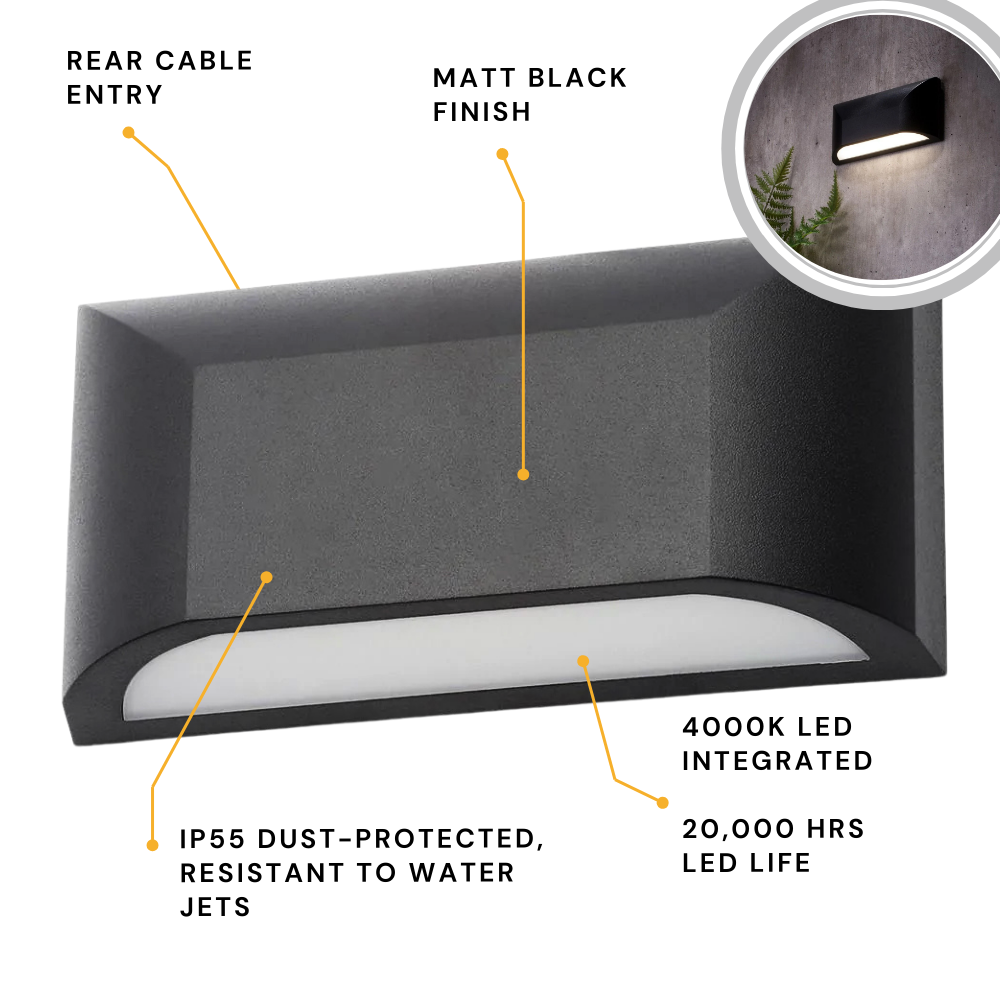 POOLE | Outdoor Curved Down Wall Light Fitting | 5W LED | 4000K Neutral White | IP55 | Black