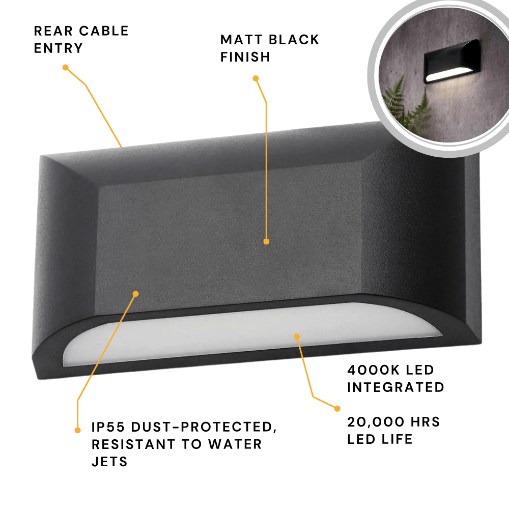 POOLE | Outdoor Curved Down Wall Light Fitting | 5W LED | 4000K Neutral White | IP55 | Black - LightHub Direct