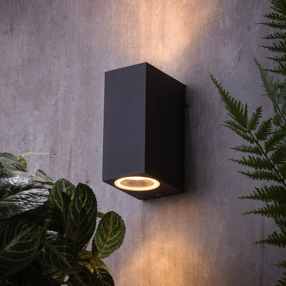 FLEET | Outdoor Rectangle Up Down Wall Lantern Spotlight | 2 x GU10 | IP44 | Anthracite - LightHub Direct