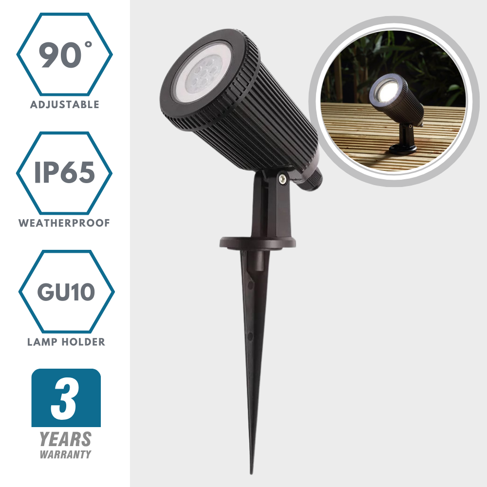 90° Adjustable Outdoor Garden Wall or Spike Ground Spot Light | GU10 | IP65 | Black