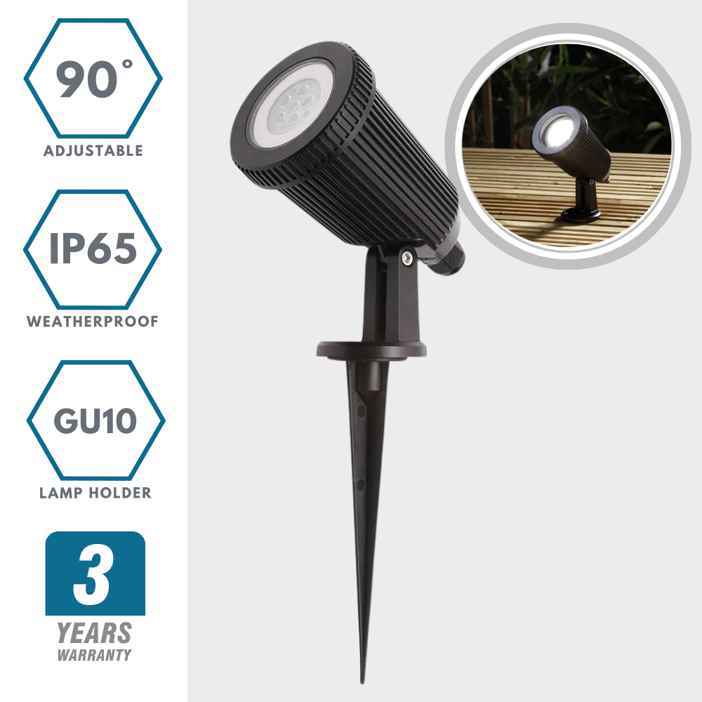 90° Adjustable Outdoor Garden Wall or Spike Ground Spot Light | GU10 | IP65 | Black - LightHub Direct