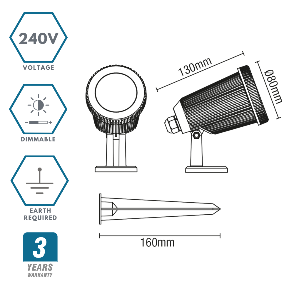 90° Adjustable Outdoor Garden Wall or Spike Ground Spot Light | GU10 | IP65 | Black