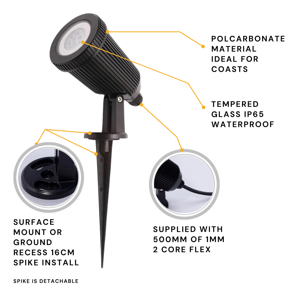 90° Adjustable Outdoor Garden Wall or Spike Ground Spot Light | GU10 | IP65 | Black