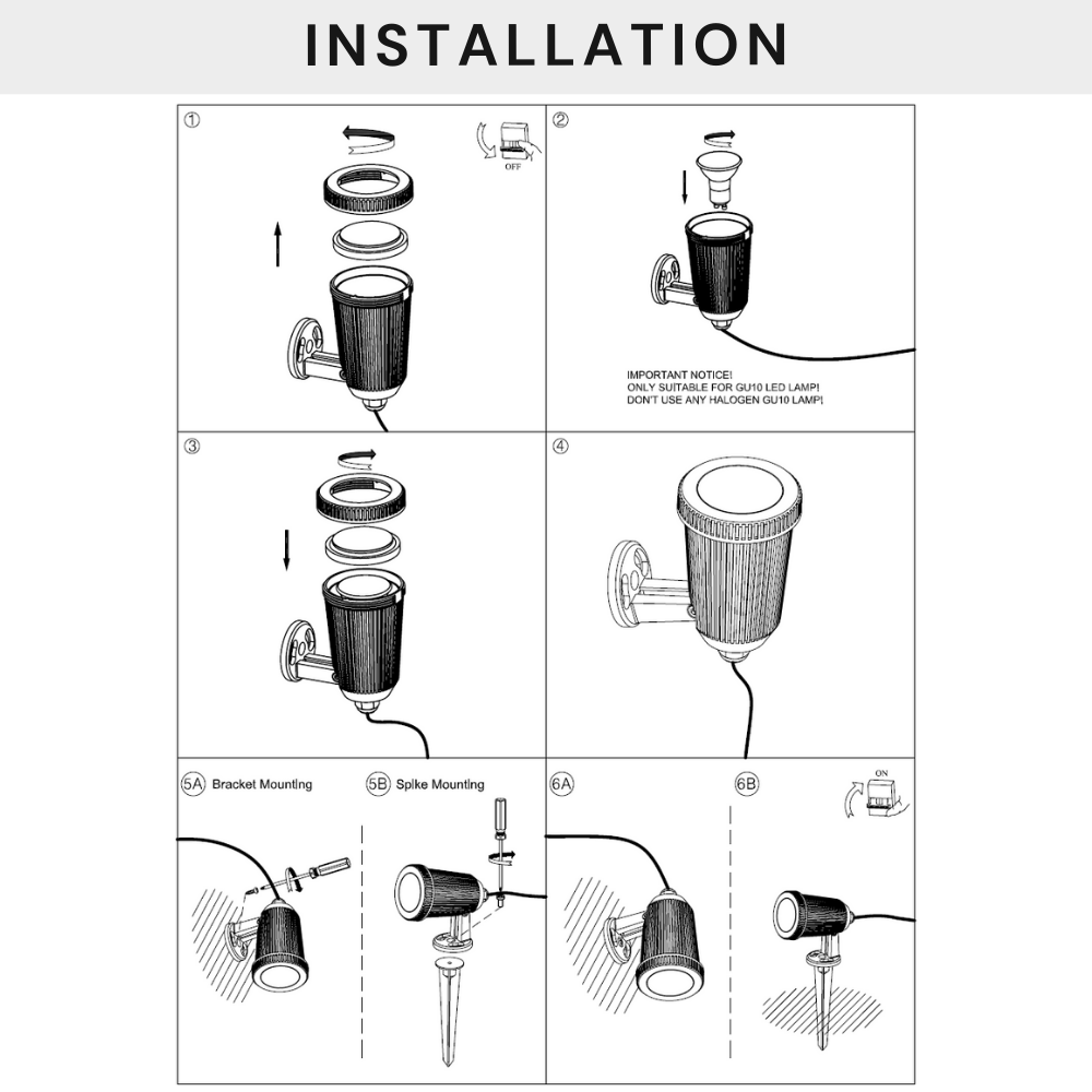 90° Adjustable Outdoor Garden Wall or Spike Ground Spot Light | GU10 | IP65 | Black