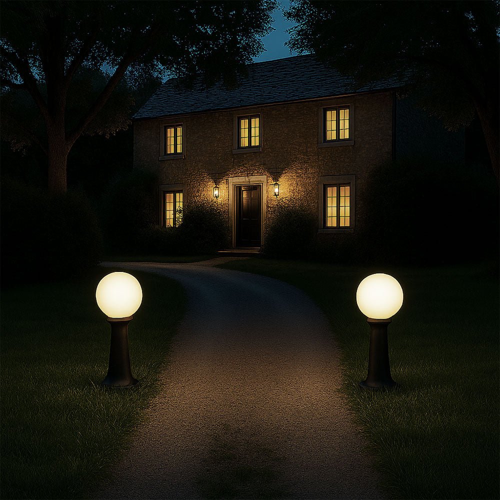 YORK | Outdoor Globe Post Mini Bollard Lantern Garden Light | E27 | IP44 | Black - LightHub Direct
