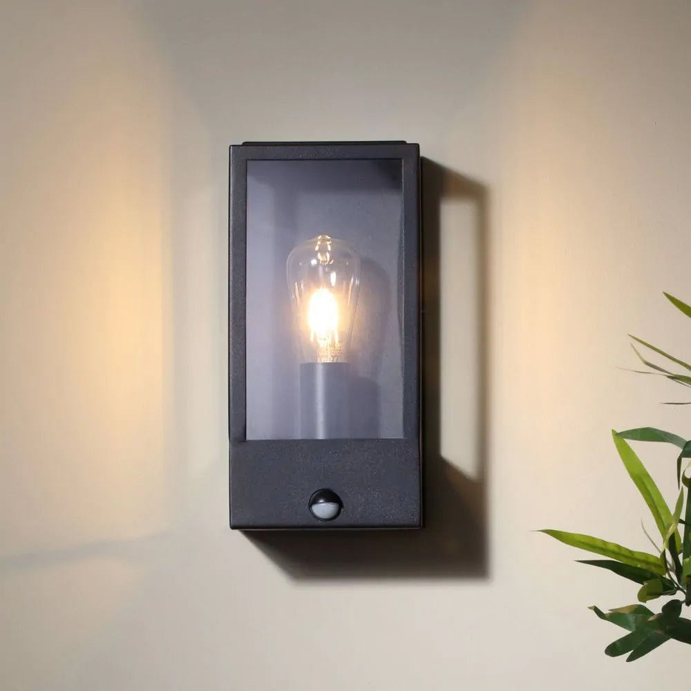 MINERVA | Outdoor Wall Porch Glass Box Lantern Light | E27 | IP44 | Black | PIR Motion Sensor - LightHub Direct