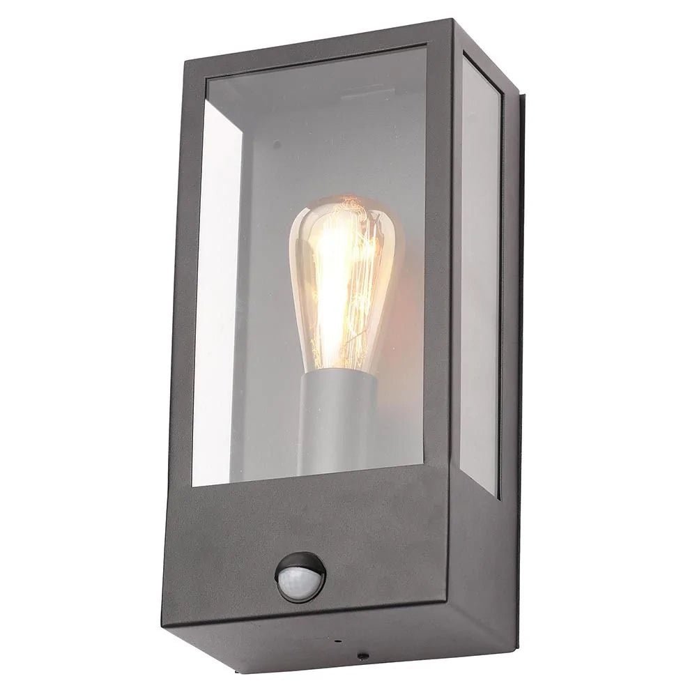 MINERVA | Outdoor Wall Porch Glass Box Lantern Light | E27 | IP44 | Black | PIR Motion Sensor - LightHub Direct