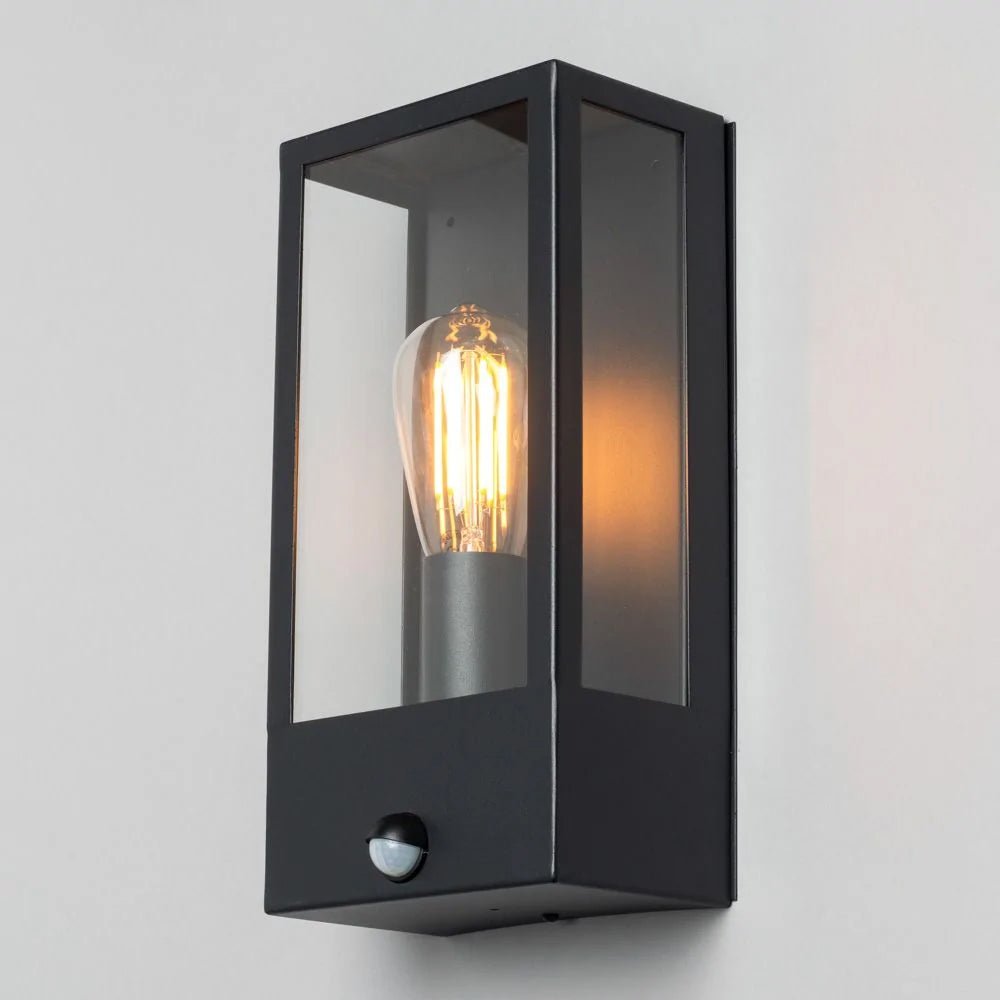 MINERVA | Outdoor Wall Porch Glass Box Lantern Light | E27 | IP44 | Black | PIR Motion Sensor - LightHub Direct