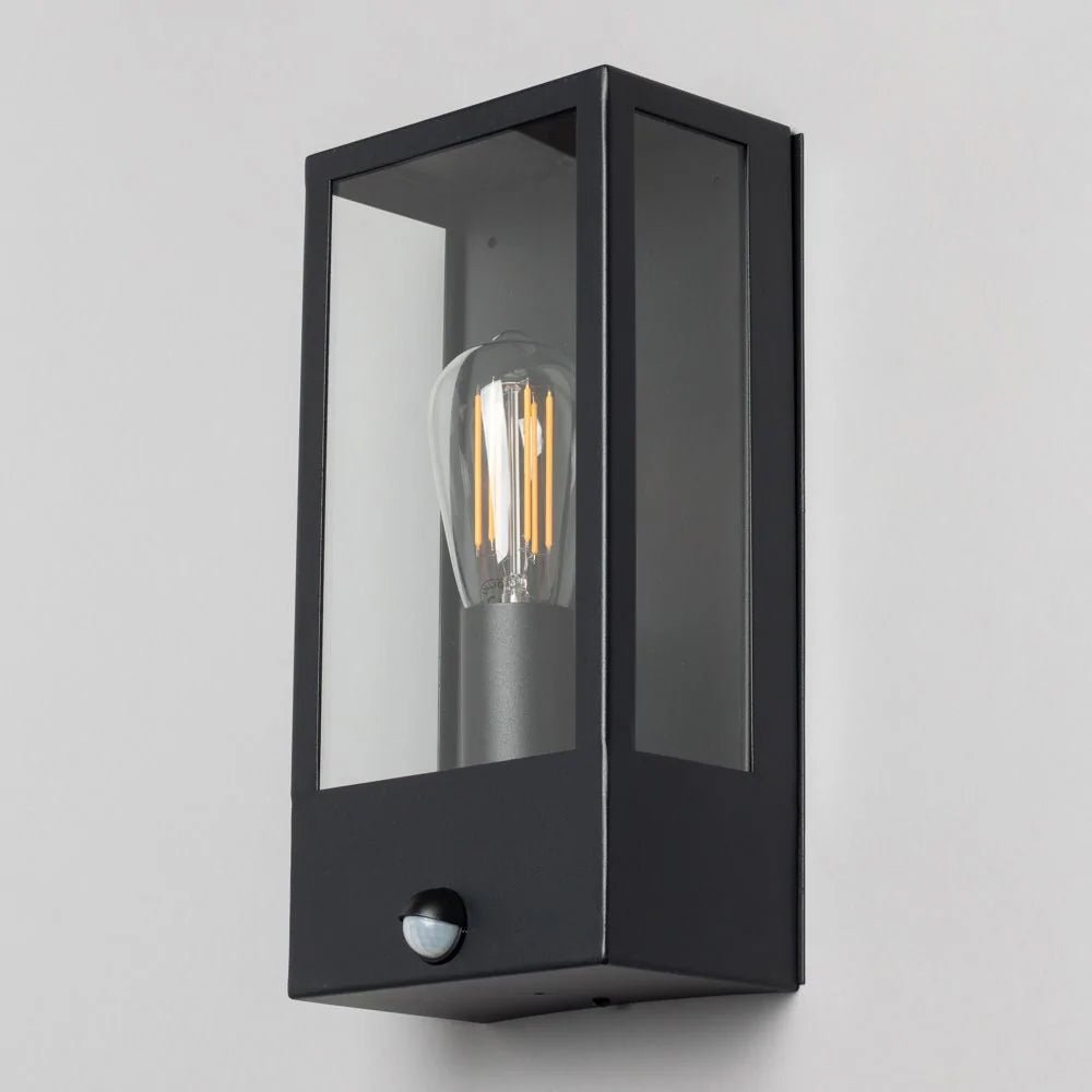 MINERVA | Outdoor Wall Porch Glass Box Lantern Light | E27 | IP44 | Black | PIR Motion Sensor - LightHub Direct