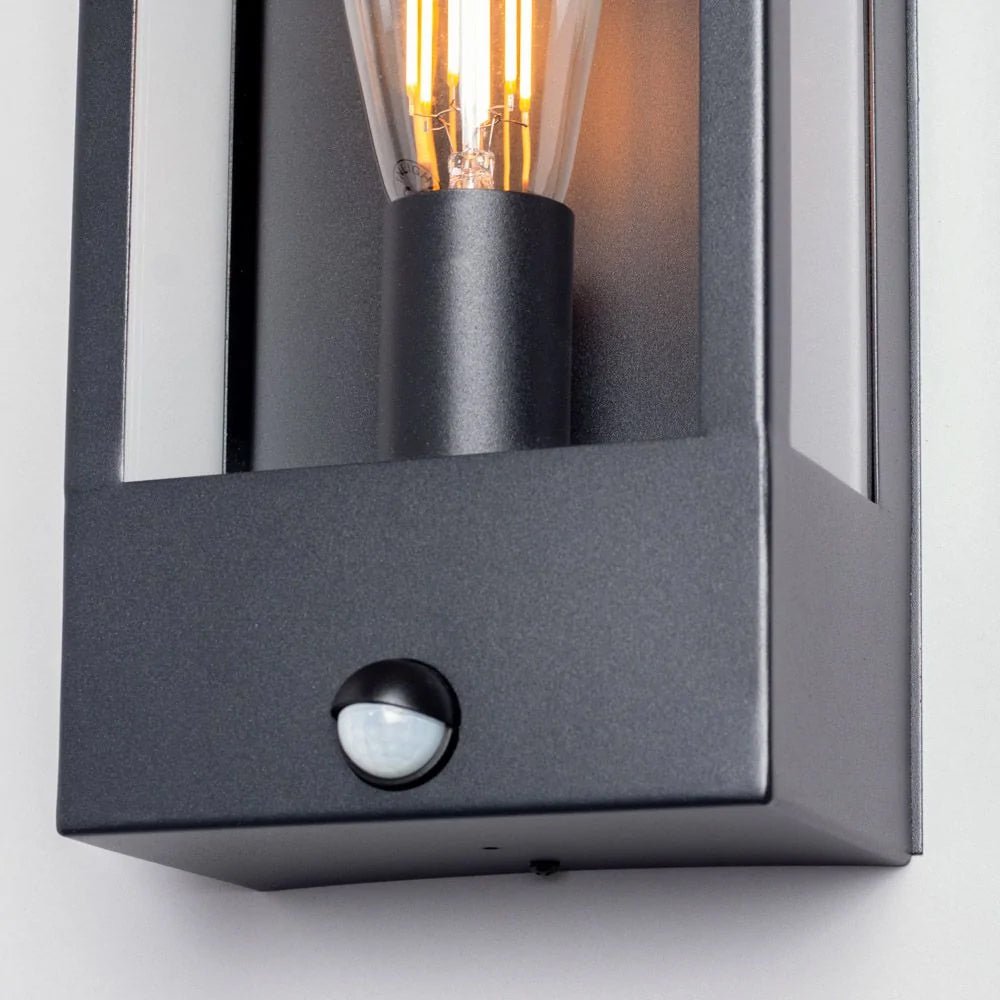 MINERVA | Outdoor Wall Porch Glass Box Lantern Light | E27 | IP44 | Black | PIR Motion Sensor - LightHub Direct