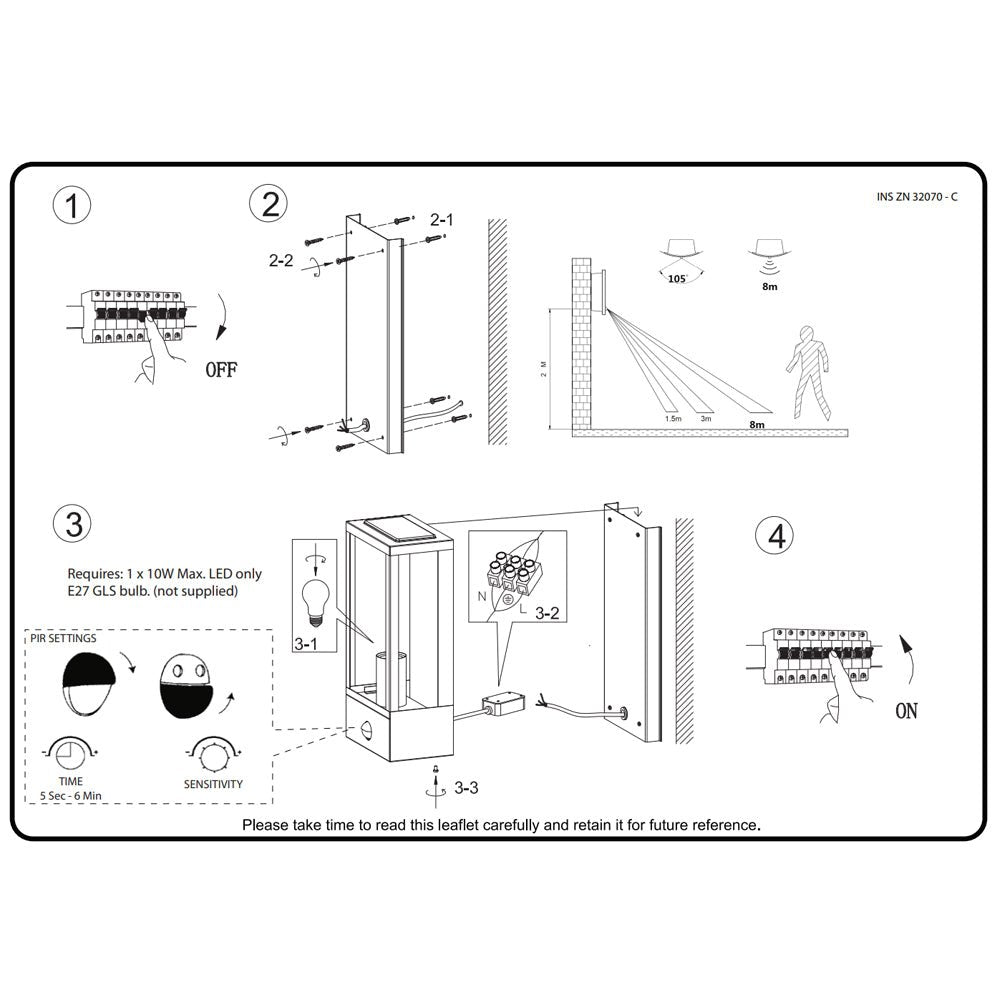MINERVA | Outdoor Wall Porch Glass Box Lantern Light | E27 | IP44 | Black | PIR Motion Sensor - LightHub Direct