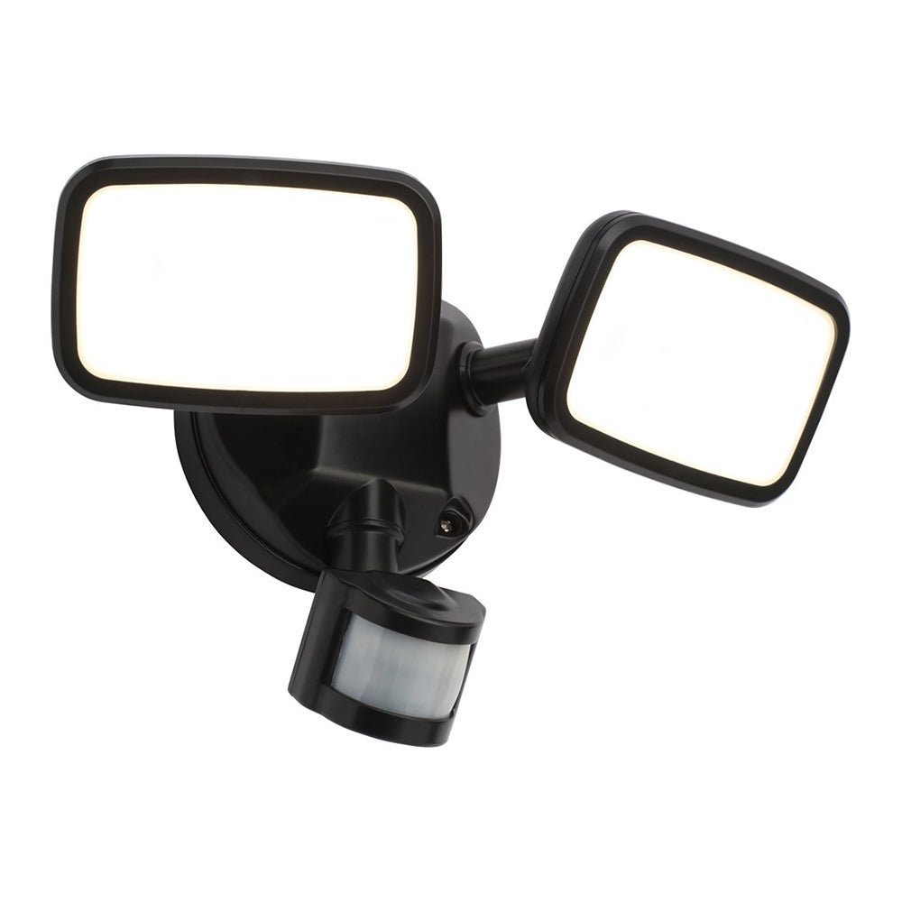 LYNN | LED Outdoor Twin Wall Spot Flood Light | 20W 1500lm | IP65 | Black | PIR Motion Sensor - LightHub Direct