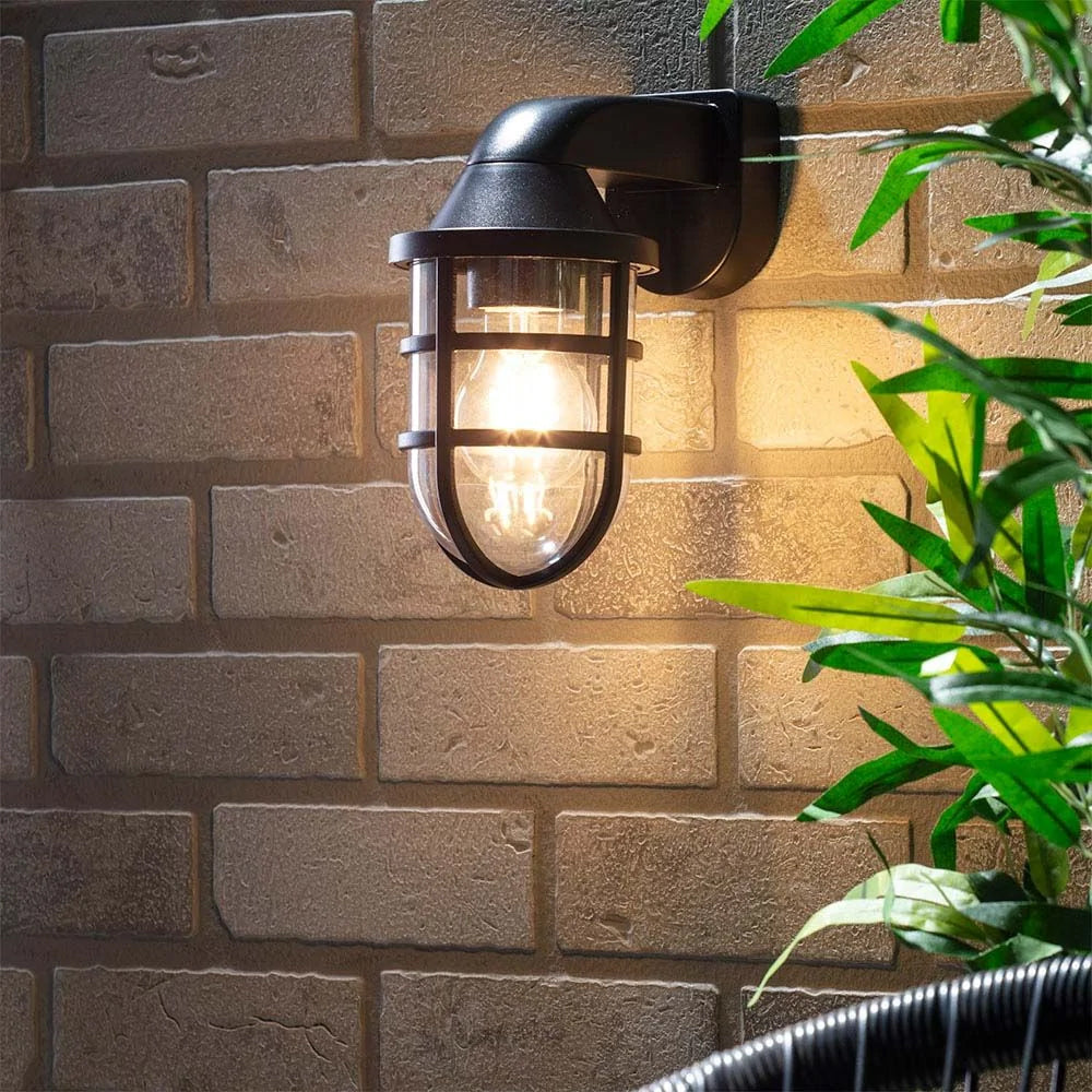 JURA | Outdoor Cage Down Wall Porch Nautical Industrial Lantern Light | E27 | IP44 | Black