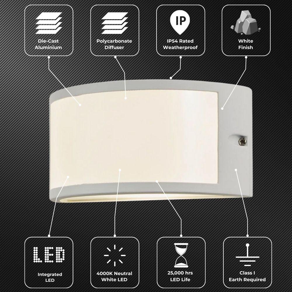 PAU | Outdoor Curved Bulkhead Wall Light Fitting | 10W LED | 4000K Neutral White | IP54 | White
