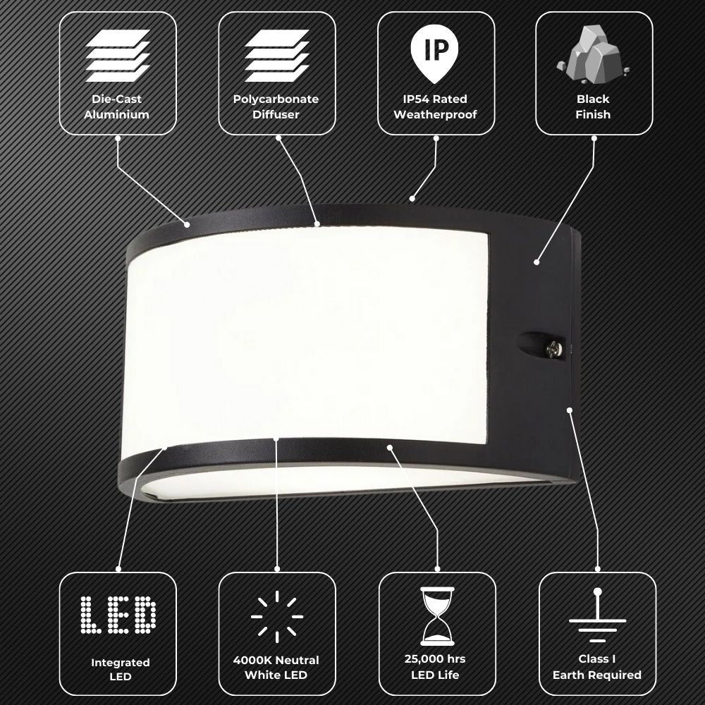 PAU | Outdoor Curved Bulkhead Wall Light Fitting | 10W LED | 4000K Neutral White | IP54 | Black