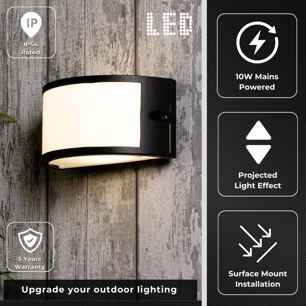 PAU | Outdoor Curved Bulkhead Wall Light Fitting | 10W LED | 4000K Neutral White | IP54 | Black