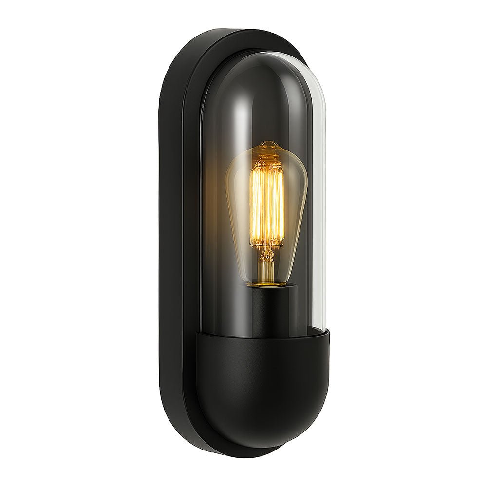 PILULE | LED Oval Bulkhead Outdoor Glass Wall Light Lantern | 6W E27 | 3000K Warm White | IP44 | Black - LightHub Direct