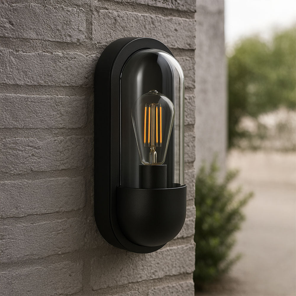 PILULE | Oval Bulkhead Outdoor Glass Wall Light Lantern | E27 | IP54 | Black
