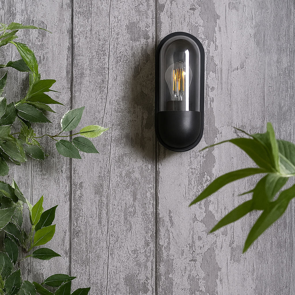 PILULE | Oval Bulkhead Outdoor Glass Wall Light Lantern | E27 | IP54 | Black