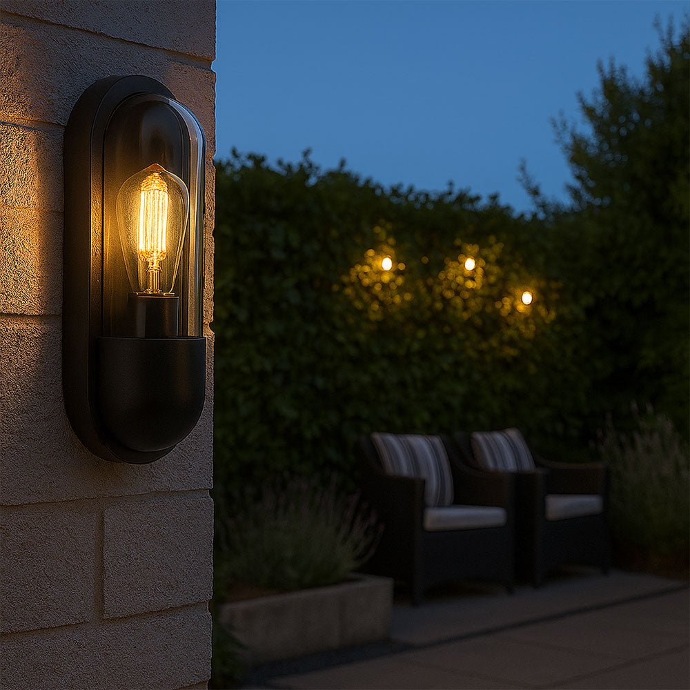 PILULE | LED Oval Bulkhead Outdoor Glass Wall Light Lantern | 6W E27 | 3000K Warm White | IP44 | Black - LightHub Direct