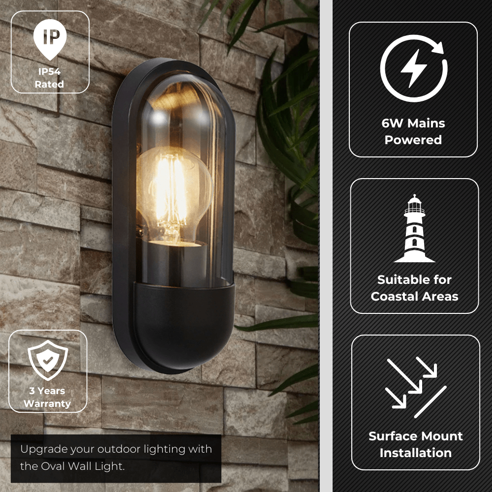 PILULE | Oval Bulkhead Outdoor Glass Wall Light Lantern | E27 | IP54 | Black - LightHub Direct