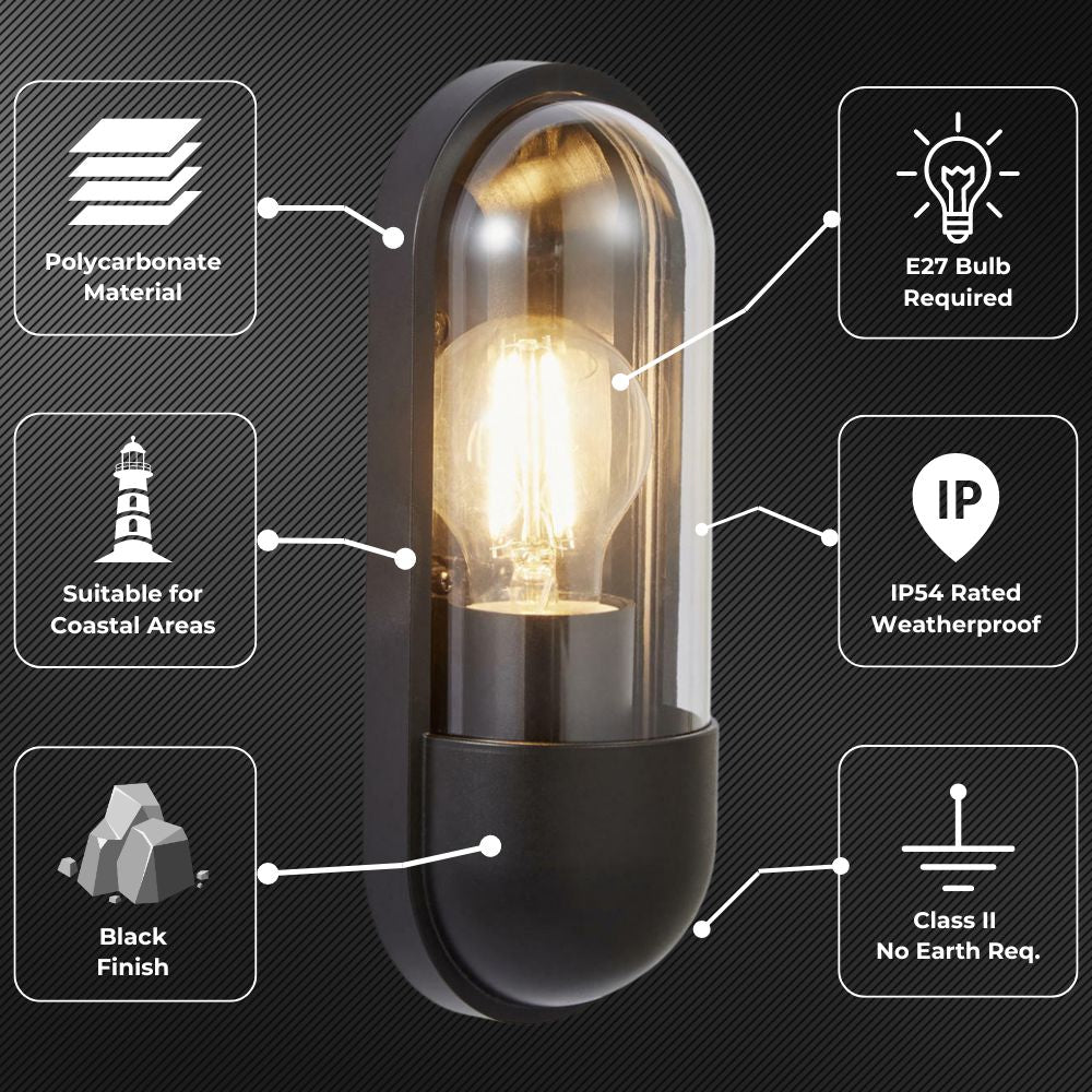 PILULE | Oval Bulkhead Outdoor Glass Wall Light Lantern | E27 | IP54 | Black