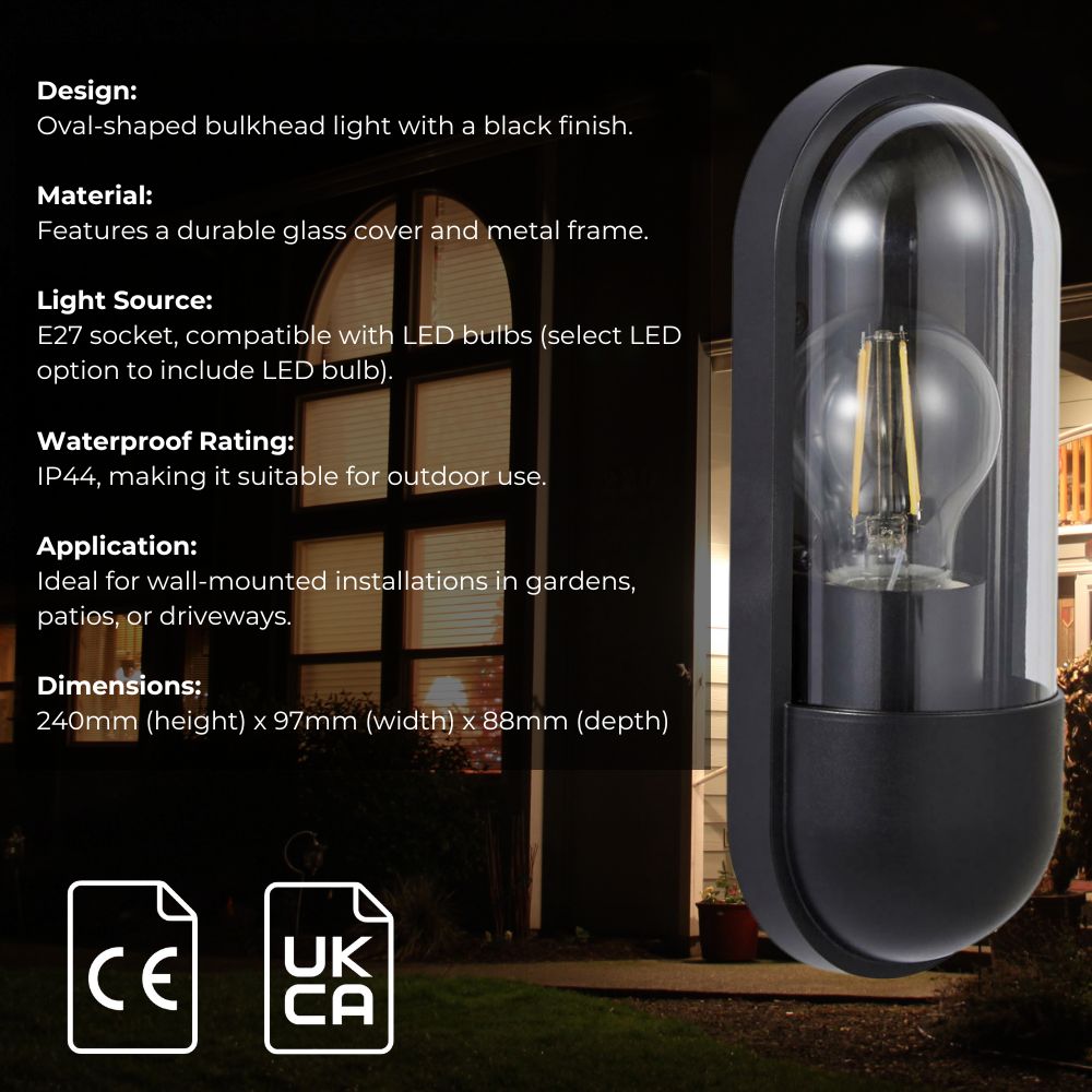 PILULE | Oval Bulkhead Outdoor Glass Wall Light Lantern | E27 | IP54 | Black - LightHub Direct