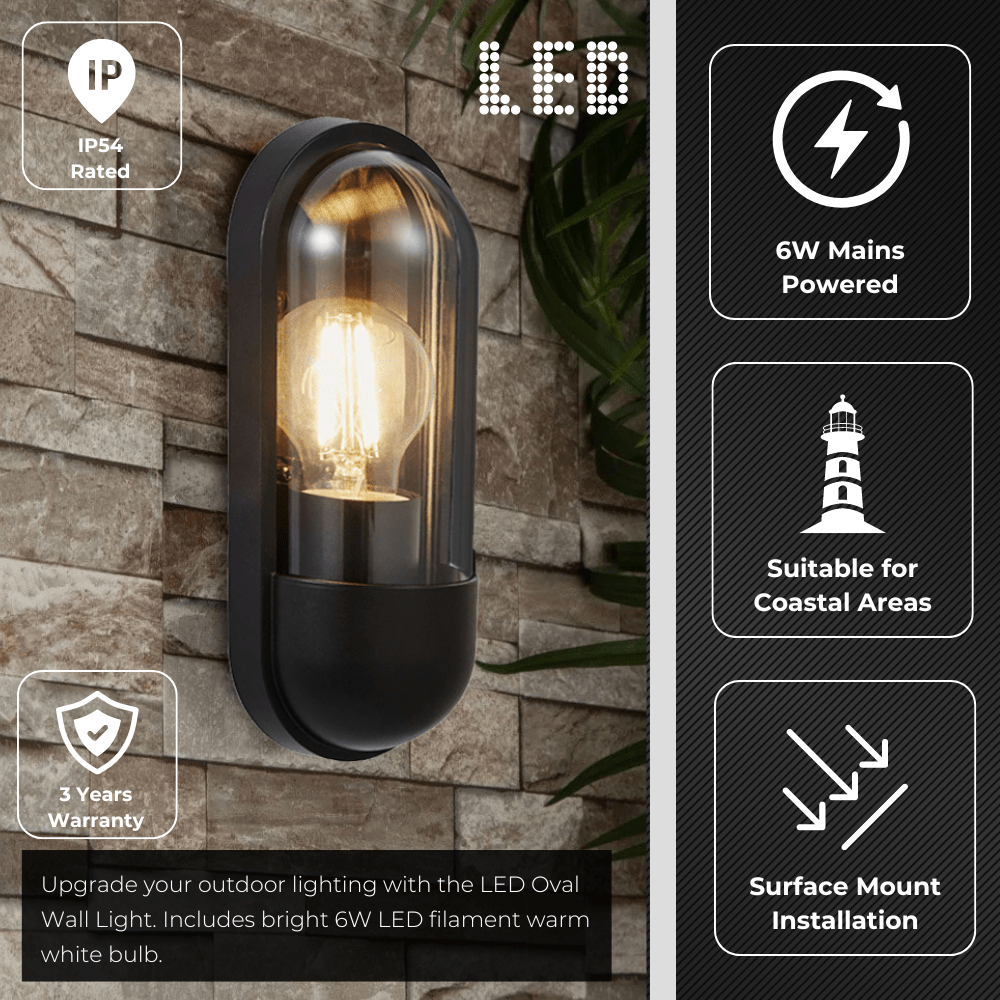 PILULE | LED Oval Bulkhead Outdoor Glass Wall Light Lantern | 6W E27 | 3000K Warm White | IP44 | Black - LightHub Direct