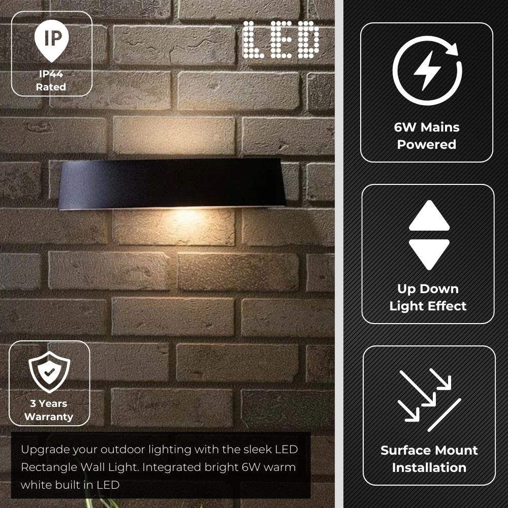 MOKU | LED Outdoor Curved Semi - Circular Rectangle Wall Up Down Light Fitting | 6W E27 | 3000K Warm White | IP44 | Black - LightHub Direct