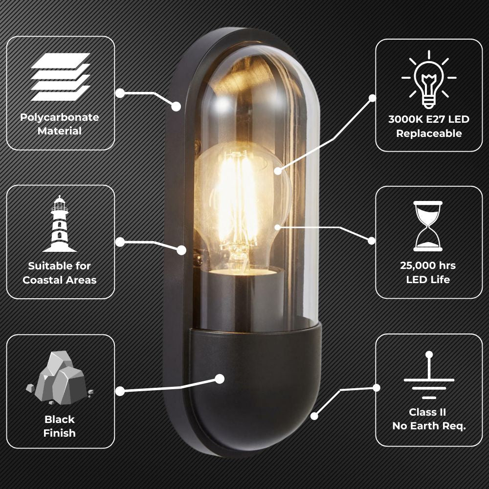 PILULE | LED Oval Bulkhead Outdoor Glass Wall Light Lantern | 6W E27 | 3000K Warm White | IP44 | Black