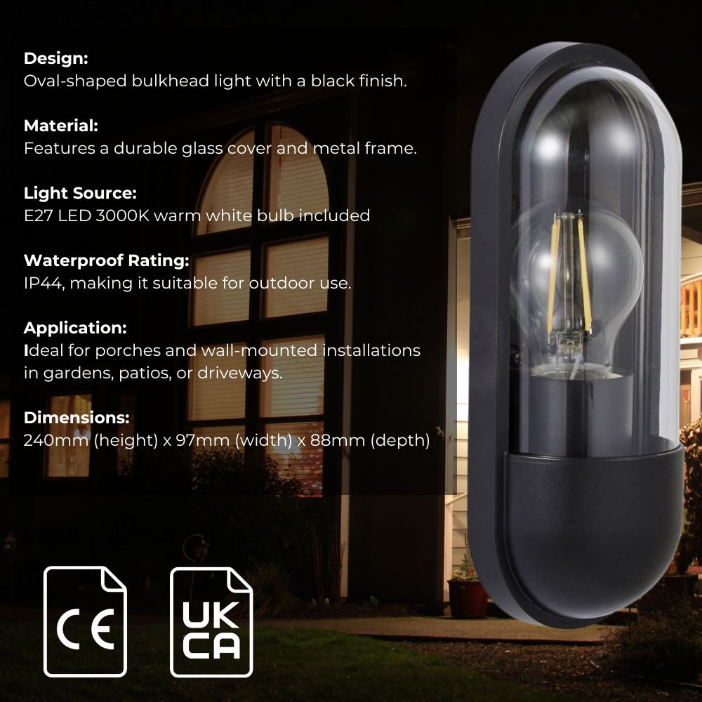 PILULE | LED Oval Bulkhead Outdoor Glass Wall Light Lantern | 6W E27 | 3000K Warm White | IP44 | Black - LightHub Direct