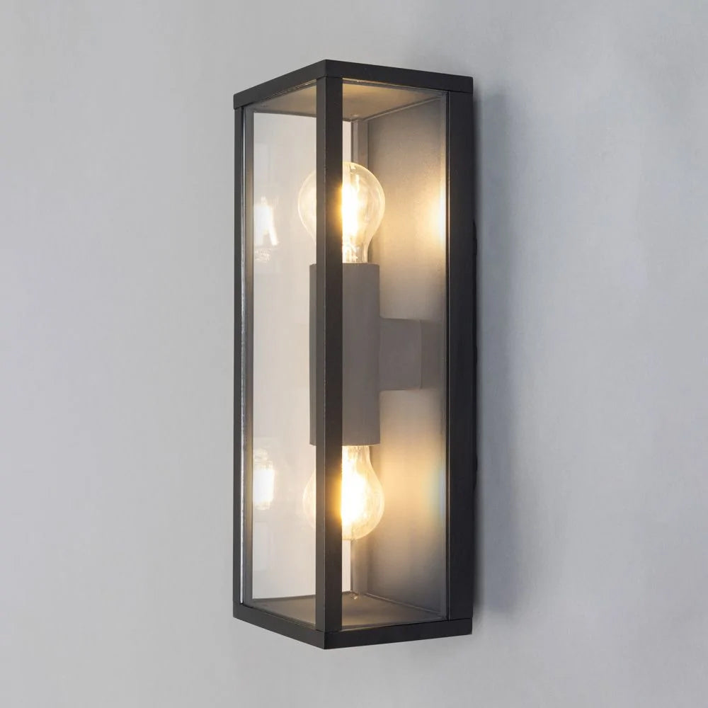 CHINON | Outdoor Box Glass Wall Porch Lantern 2 Light | E27 | IP44 | Black