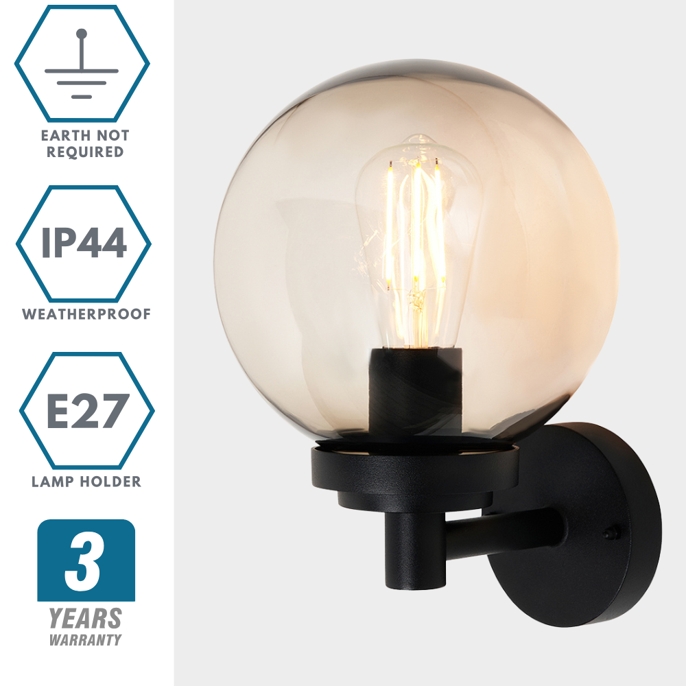 GAKI | Outdoor Globe Wall Lantern Garden Light Smoked | E27 | IP44 | Black