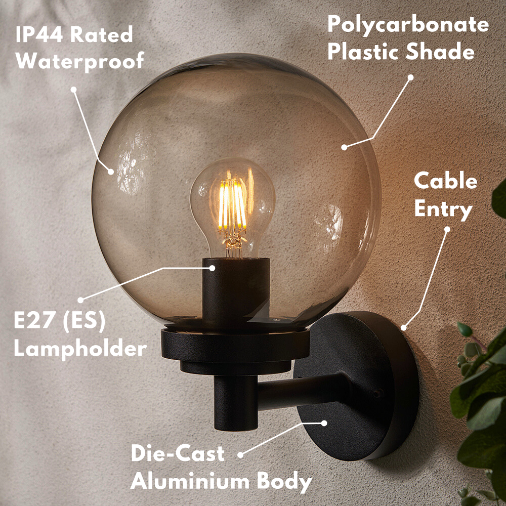 GAKI | Outdoor Globe Wall Lantern Garden Light Smoked | E27 | IP44 | Black
