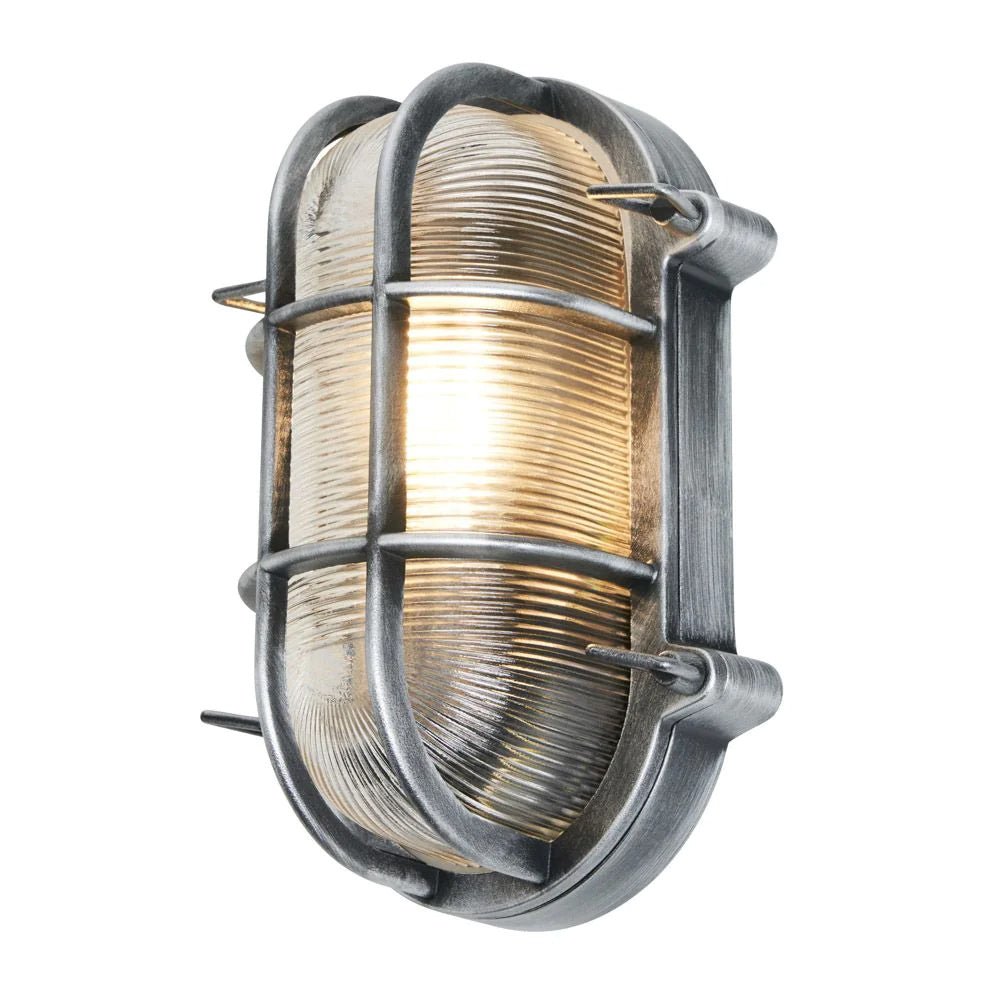 DAVEY | Outdoor Caged Oval Industrial Marine Nautical Wall Porch Bulkhead Light | E27 | IP44 | Silver - LightHub Direct